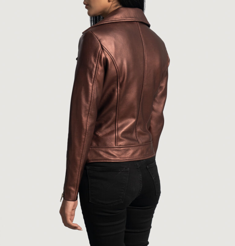 Womens Rumy Maroon Leather Biker Jacket Tilted Back-8-1664352141162